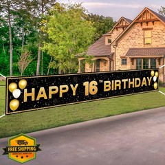 ANATANOWOR 16th Birthday Banner Black Gold