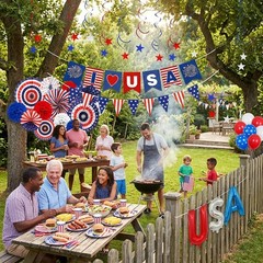 Patriotic Decorations Set, Red White Blue Paper Fans for Memorial Day Party