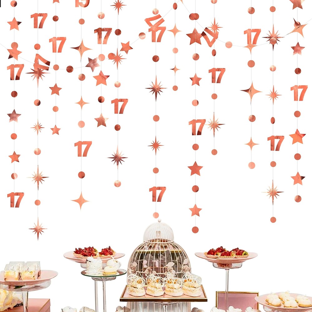 Rose Gold 17th Birthday Decorations Number 17 Circle Dot Star Garland Streame…