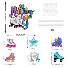 7Pcs Rolling into 9 Cake Toppers Set, Roller Skate, 9th Birthday, Retro, Girl