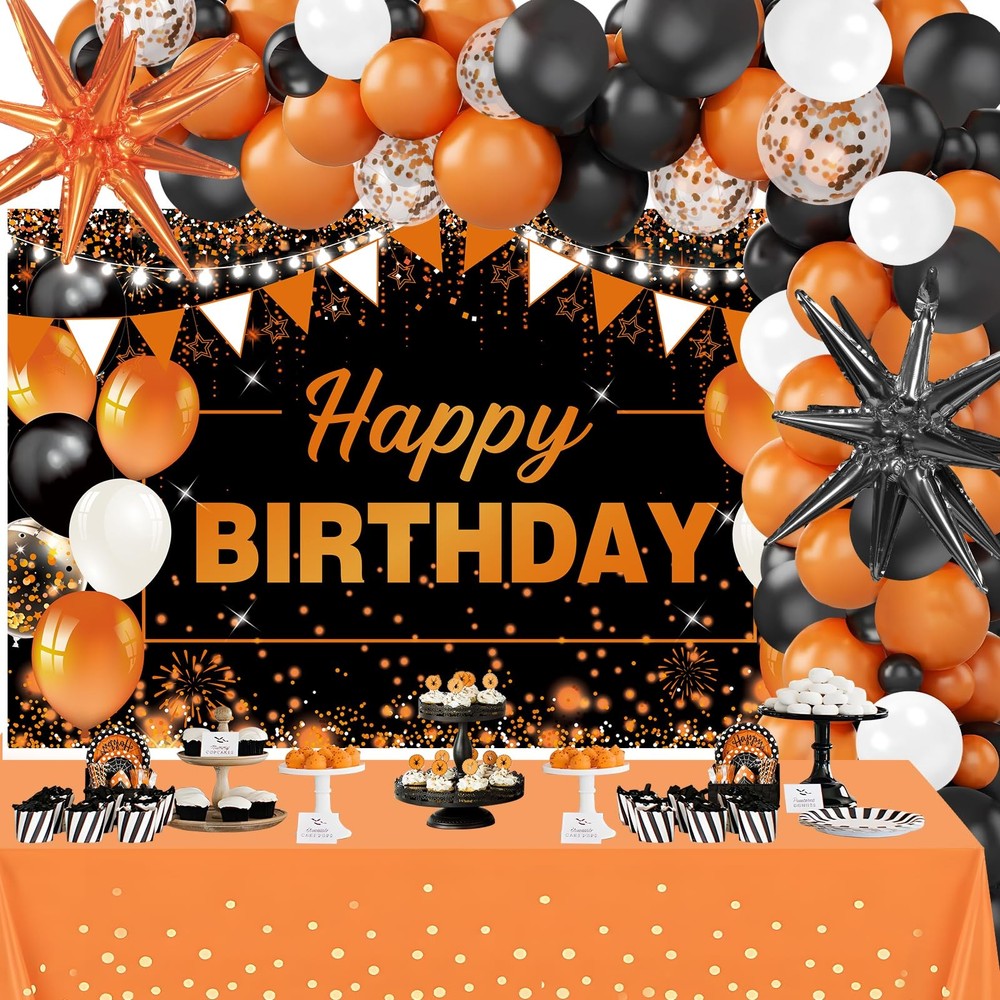 62pcs Orange Birthday Decorations Orange Black Happy Birthday Banner Backdrop…