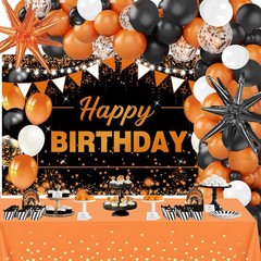 62pcs Orange Birthday Decorations Orange Black Happy Birthday Banner Backdrop…