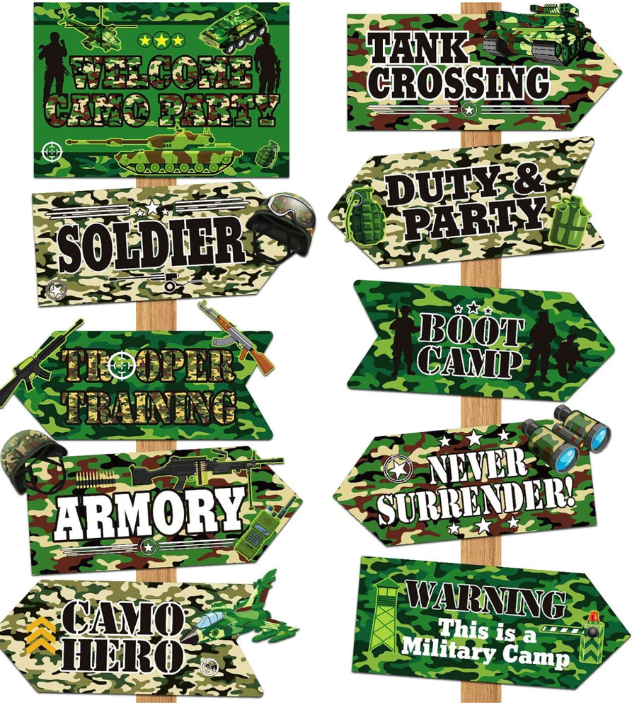 20 Pieces Army Decorations for Party Camo Signs Camouflage Military Birthday
