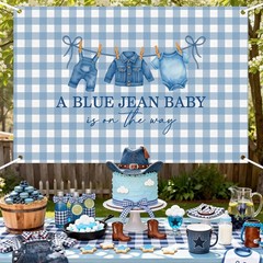 Blue Jean Baby Shower Decorations – Denim Backdrop & Gingham Banner, 5x3ft