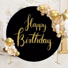 Gold Happy Birthday Sign Round Backdrop Cover 7.2ft,Black Round Backdrop Cove…