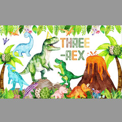 Three Rex Birthday Decorations Boy Watercolor Dinosaur 3Rd Birthday Party Banner