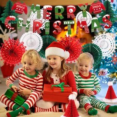 Christmas Party Decorations, Merry Christmas Banner Honeycomb Santa Hats Trees H