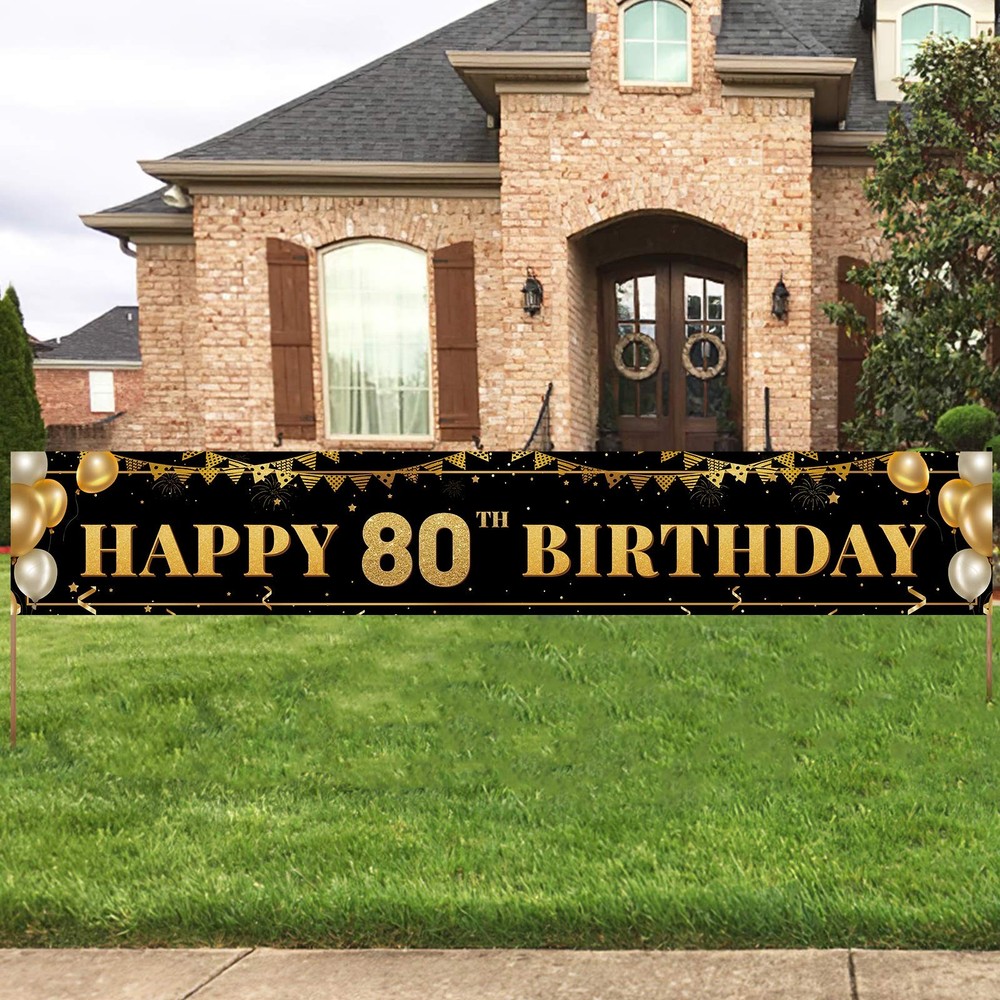 Large Happy 80th Birthday Decoration Banner, Black and Gold Happy 80th Birthd…