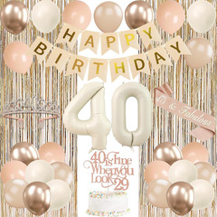 Champagne Gold Beige 40Th Birthday Decorations for Women, Gold Bday Happy Banner
