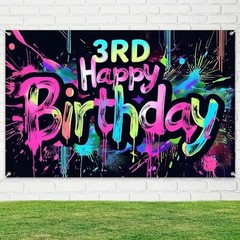 71×43 Inch Paint Splatter Glow in The 71*43 Inch Neon 3rd Happy Birthday Banner