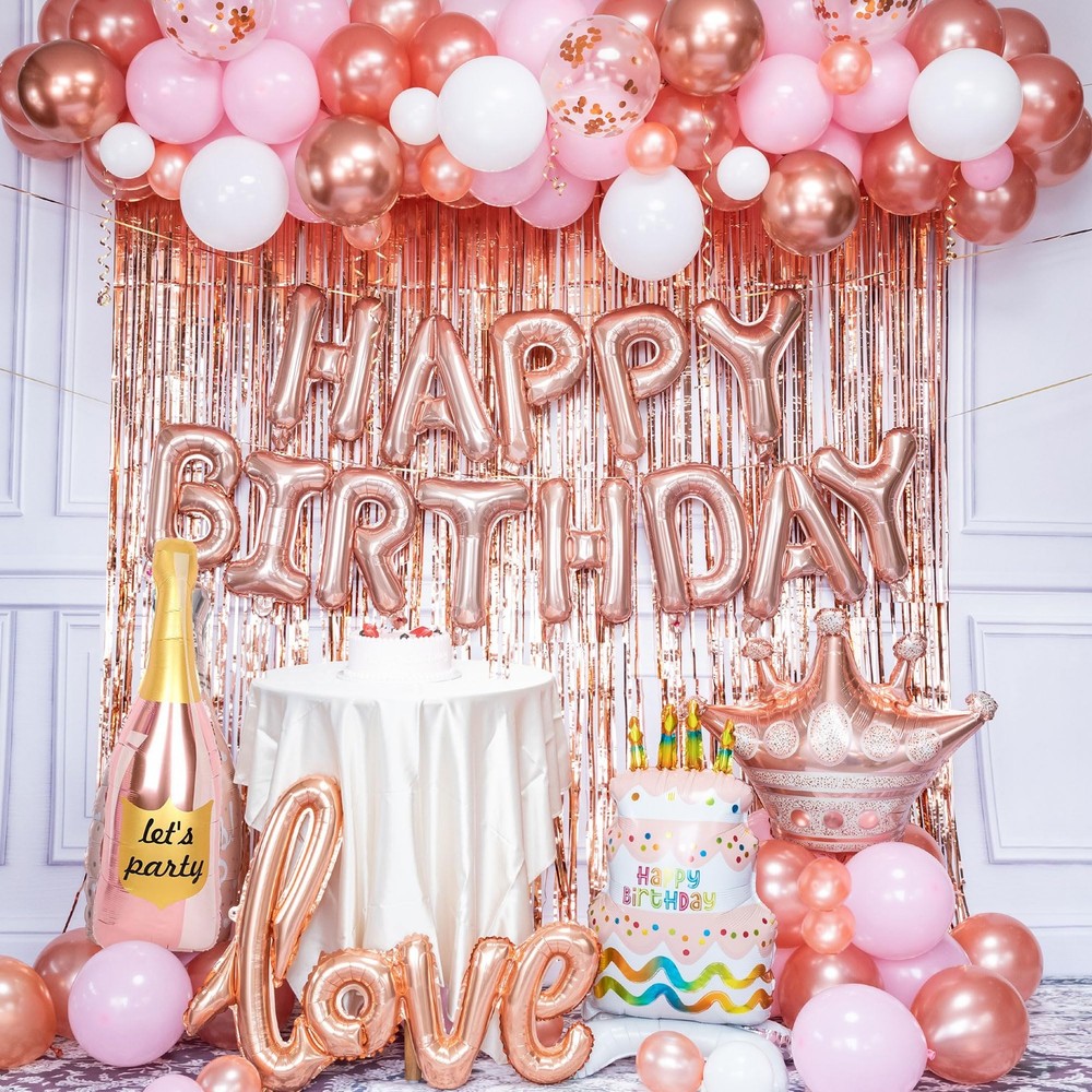 Decoraciones De Cumpleaños Cortinas Globos Rose Gold y Rosa Para Mujer En Oferta