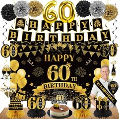 42PCS 60th Birthday Party Supplies,Black Gold Banner Balloons,Centerpiece Decor