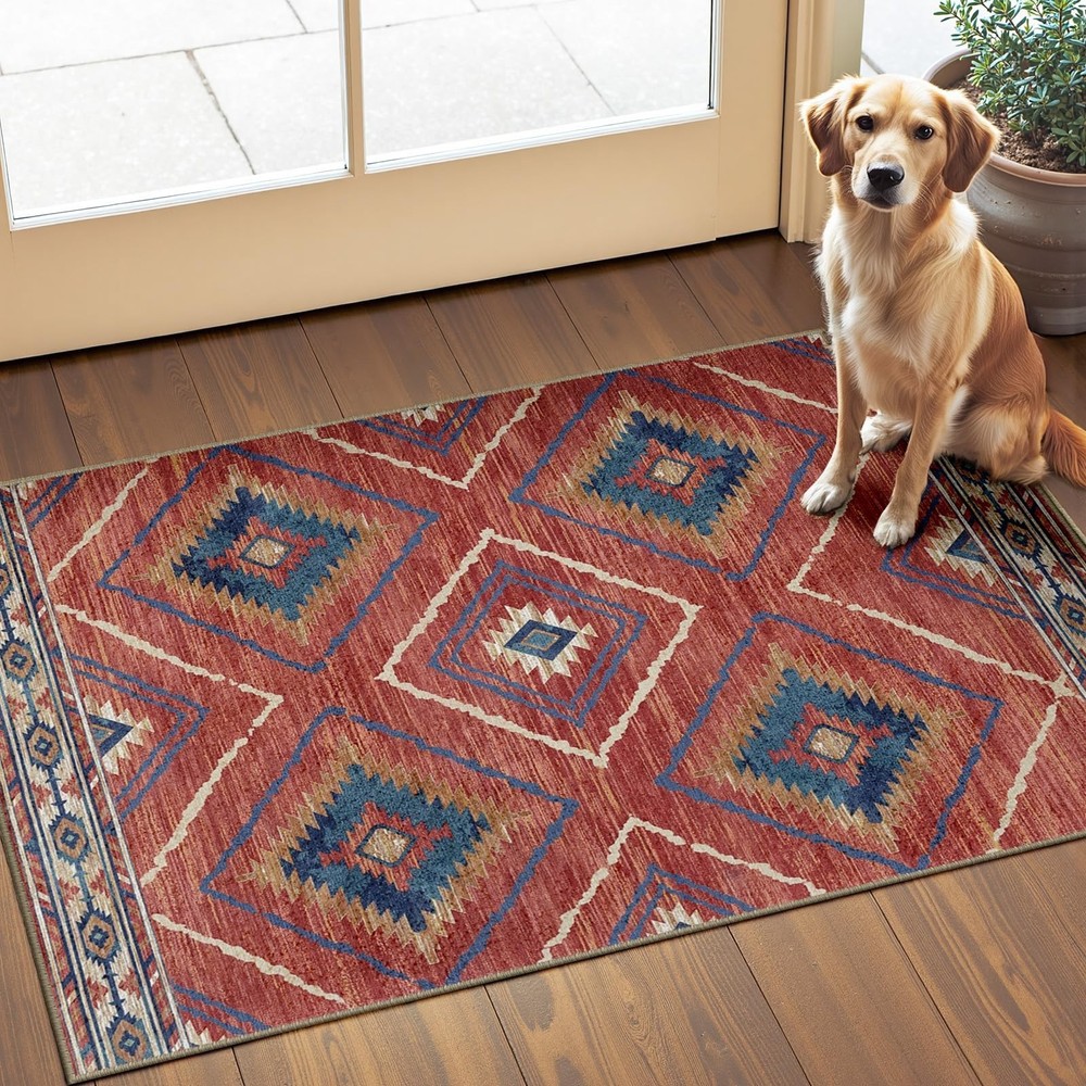 Area Rug 2×3 Rug Machine Washable Non-Slip Low Pile Print Pattern Western Rug…