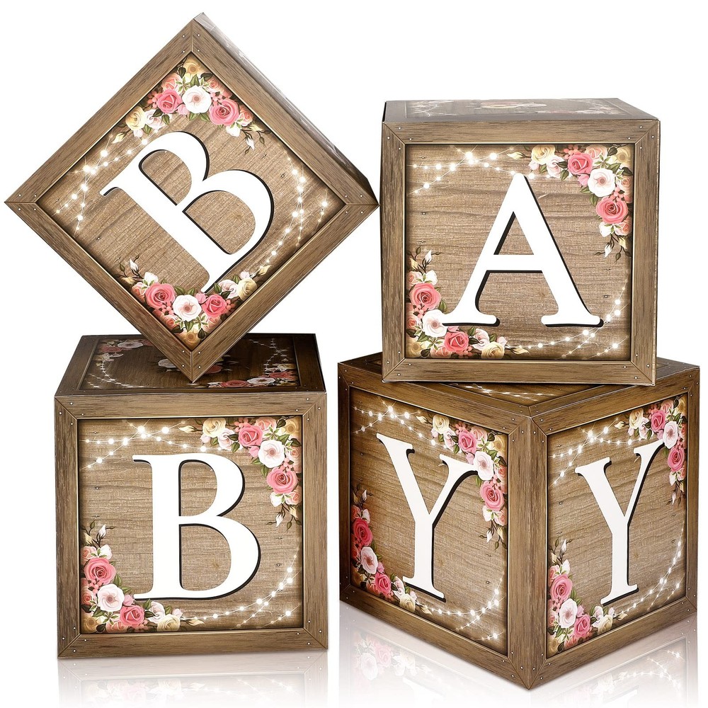 Rustic Floral Brown Baby Boxes Letters Bear Blocks Gender Reveal Props