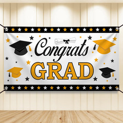 , Xtralarge Congrats Grad Banner – 72X44 Inch | White, Black and Gold Graduation