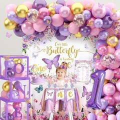 134pcs Purple Butterfly Birthday Decorations for Girl, 1st Birthday Decorations