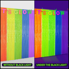 Glow in the Dark Tinsel Curtains 2 Pack – 3.3X6.6Ft Fluorescent Party Backdrop