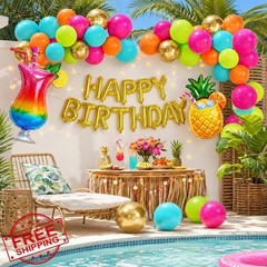 Tropical Birthday Decorations, Happy Birthday Banner with Rainbow Green Teal …