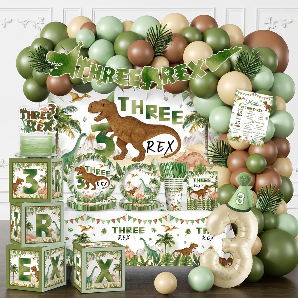267pcs Three Rex Birthday Decorations Boy Complete Party Set, 3 Rex Birthday …