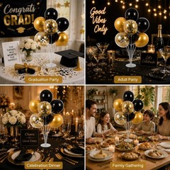 10 Balloon Stand Kits with Black Gold Balloons – Centerpiece Decor for Parties