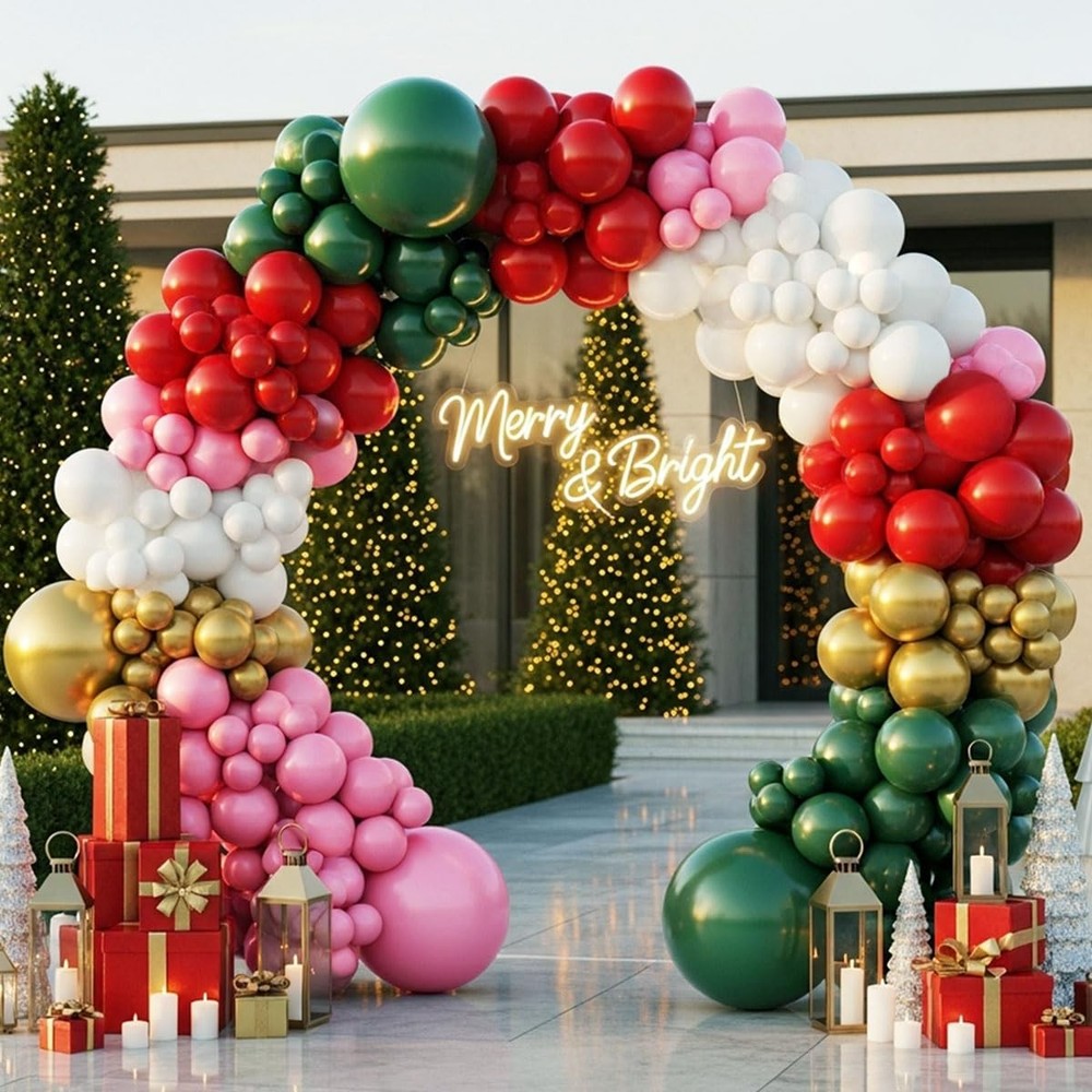 Christmas Balloon Arch Kit – 143pcs Double Green, Red, Green, White, Pink & G…
