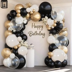 Black Gold White Balloons Arch Kit, 128pcs Black White Sand Cream Chrome Gold…