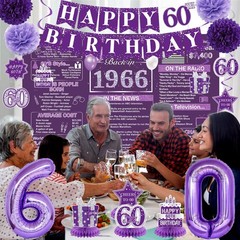 Purple 60Th Birthday Decorations for Women – Back in 1966 Backdrop, Banner, Swir