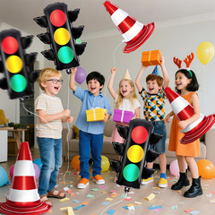 9 Pcs Racing Traffic Balloon Decoration, Traffic Cone and Light Balloons, Transp