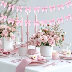 Ribbon Bow Banner, 2pcs, Pink Party Decor, Birthday Shower, Pink