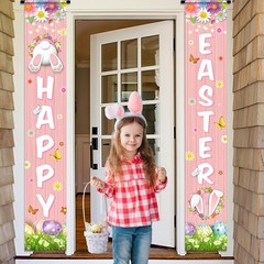Happy Easter Decorations Colorful Flowers Eggs Bunny Pink Porch Sign Door Banner
