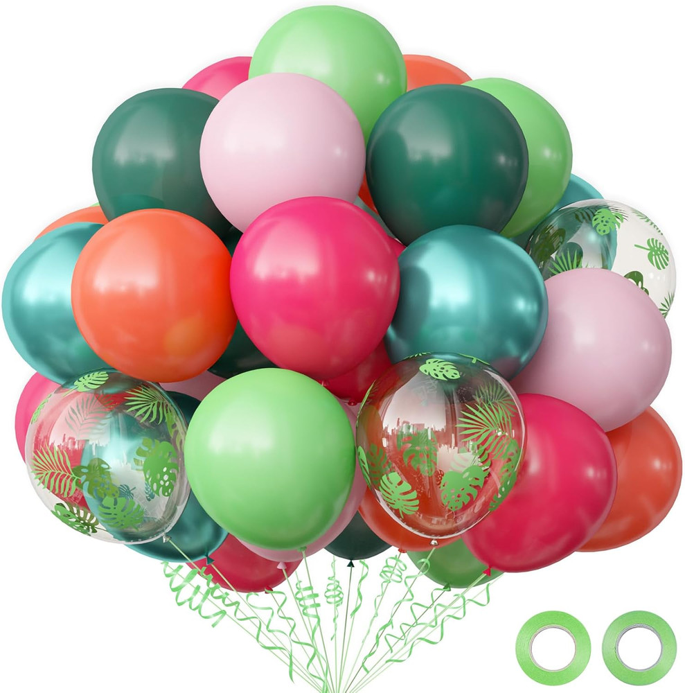Hawaiian Luau Party Decorations, Tropical Party Balloons, 68Pcs Pink Green Rose