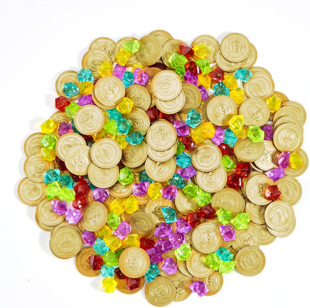 288 Pcs Pirate Gold Coins & Gems Playset 144 Coins + 144 Jewels Party Favors Kit