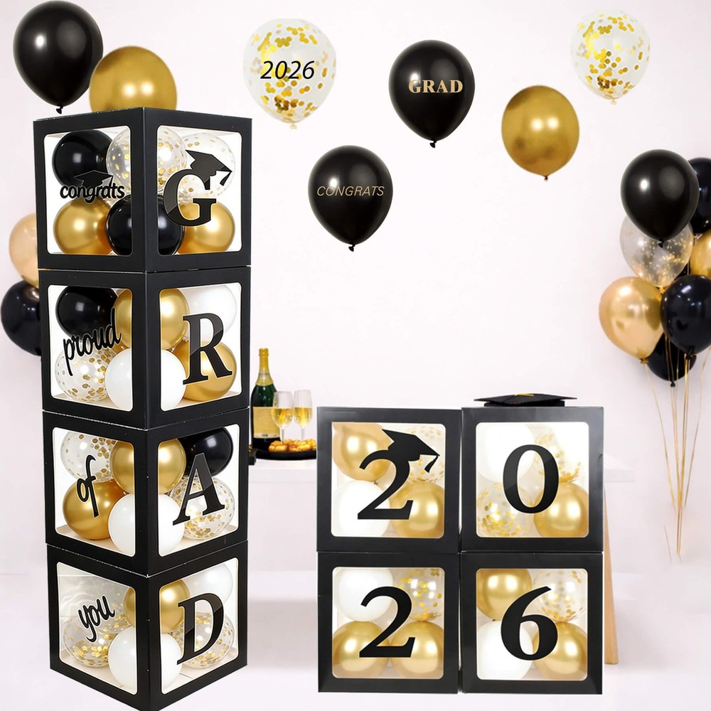 2026 Graduation Party Decorations Balloon Boxes 11.8 inches, Black and Gold