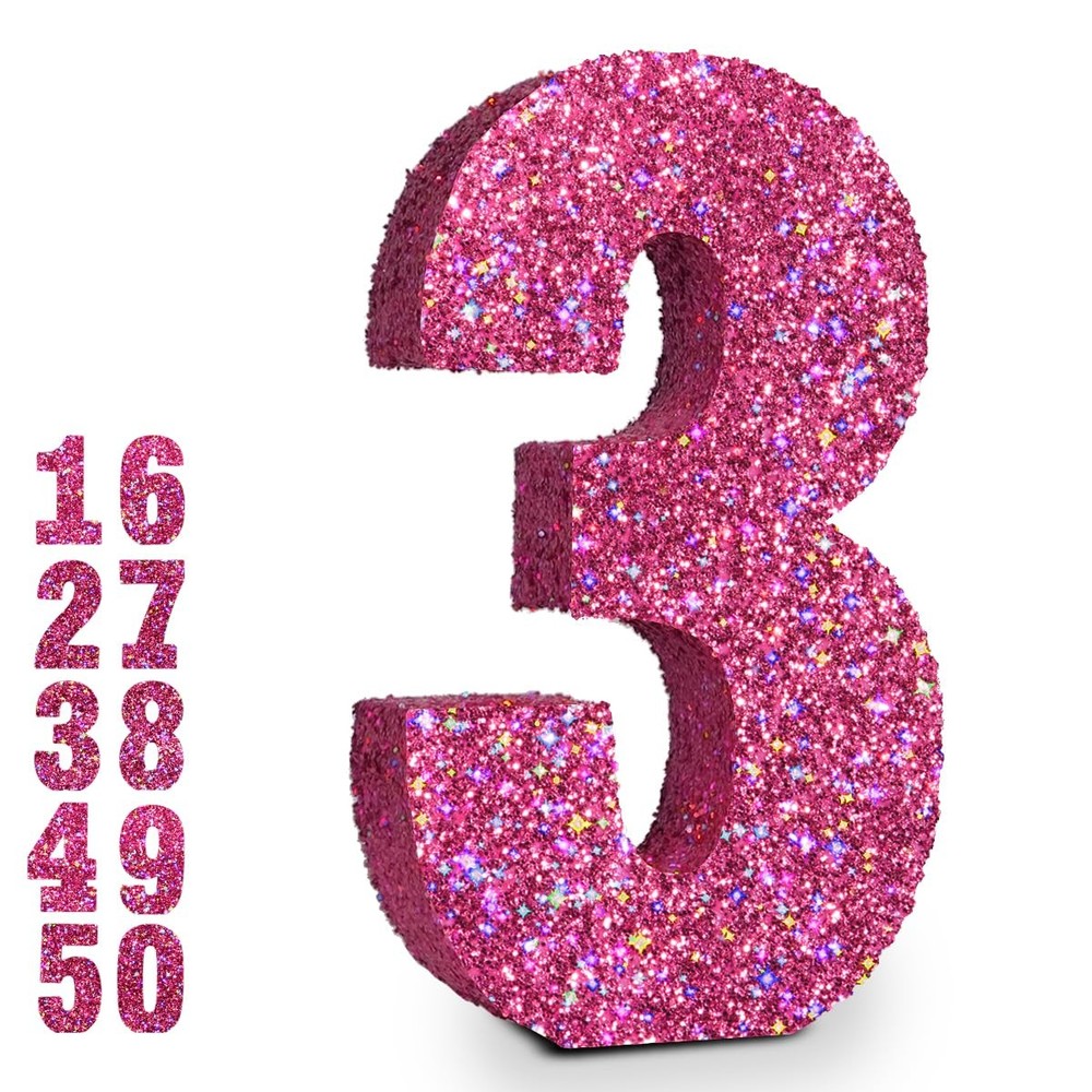 10 Inch Pink Glitter Number 3 Sign, Birthday, Anniversary, Table Centerpiece