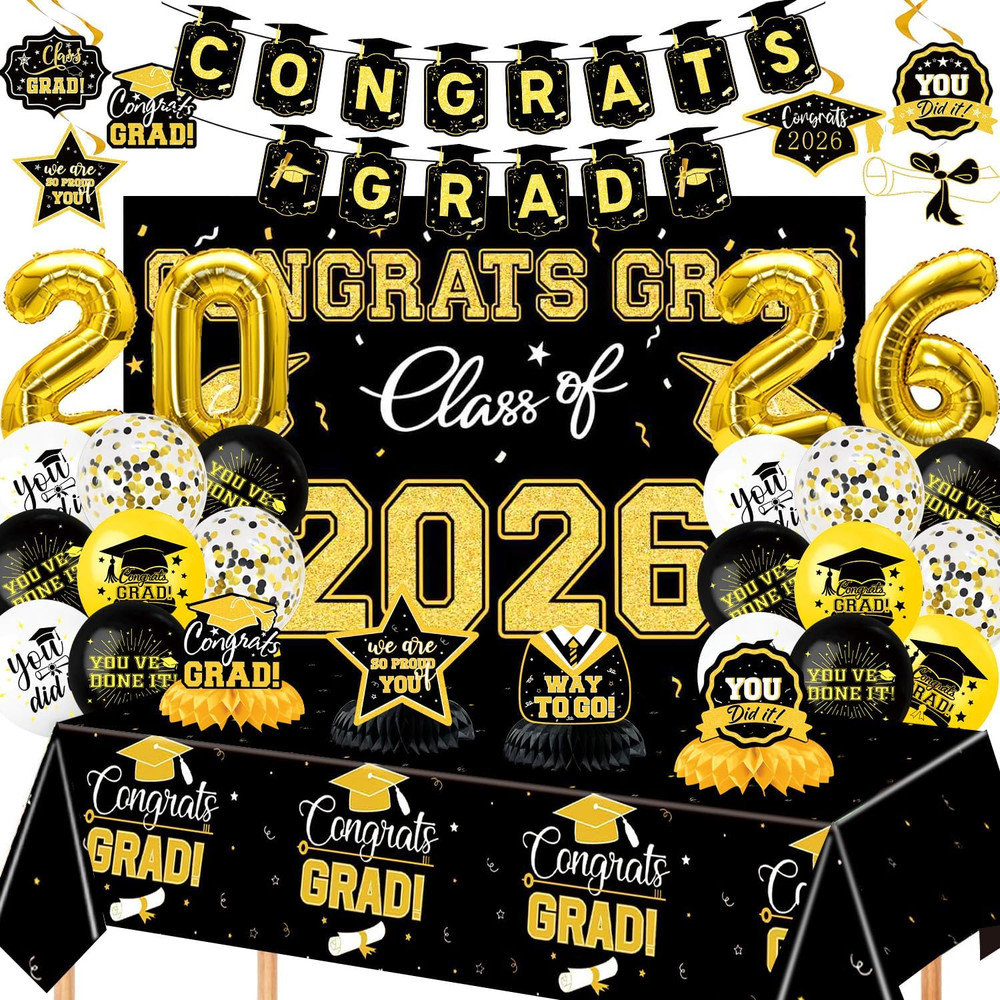 Graduation Decorations 2026 37 PCS – Black Gold Class of 2026 Party Supplies Kit