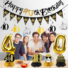 13PCS 40Th Birthday Decorations for Men Women, Black Gold Happy 40 Birthday Bann