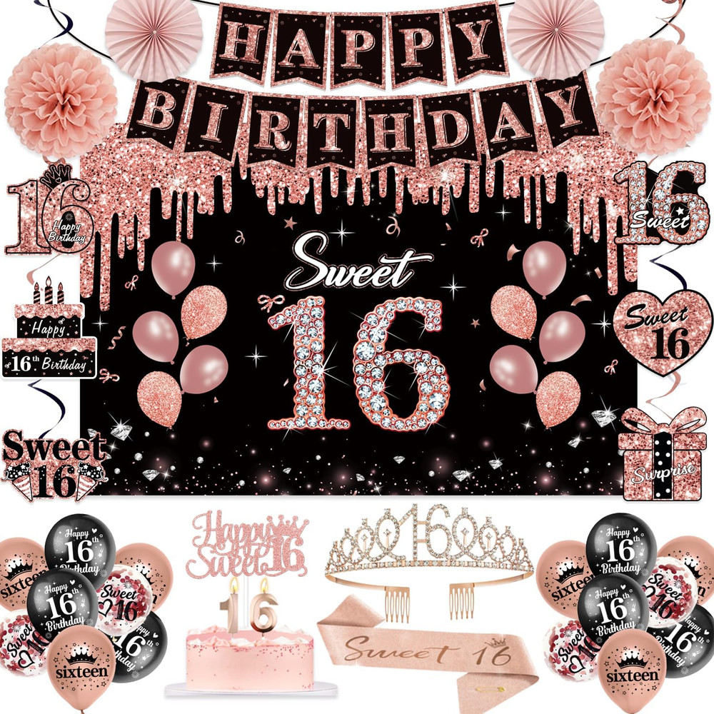 Sweet 16 Birthday Party Decorations for Girls 52Pcs PRE-STRUNG Rose Gold Black