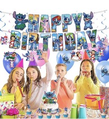 Blue Stitch Theme Birthday Party Decoration Set ,Banner Cake Toppers Balloons
