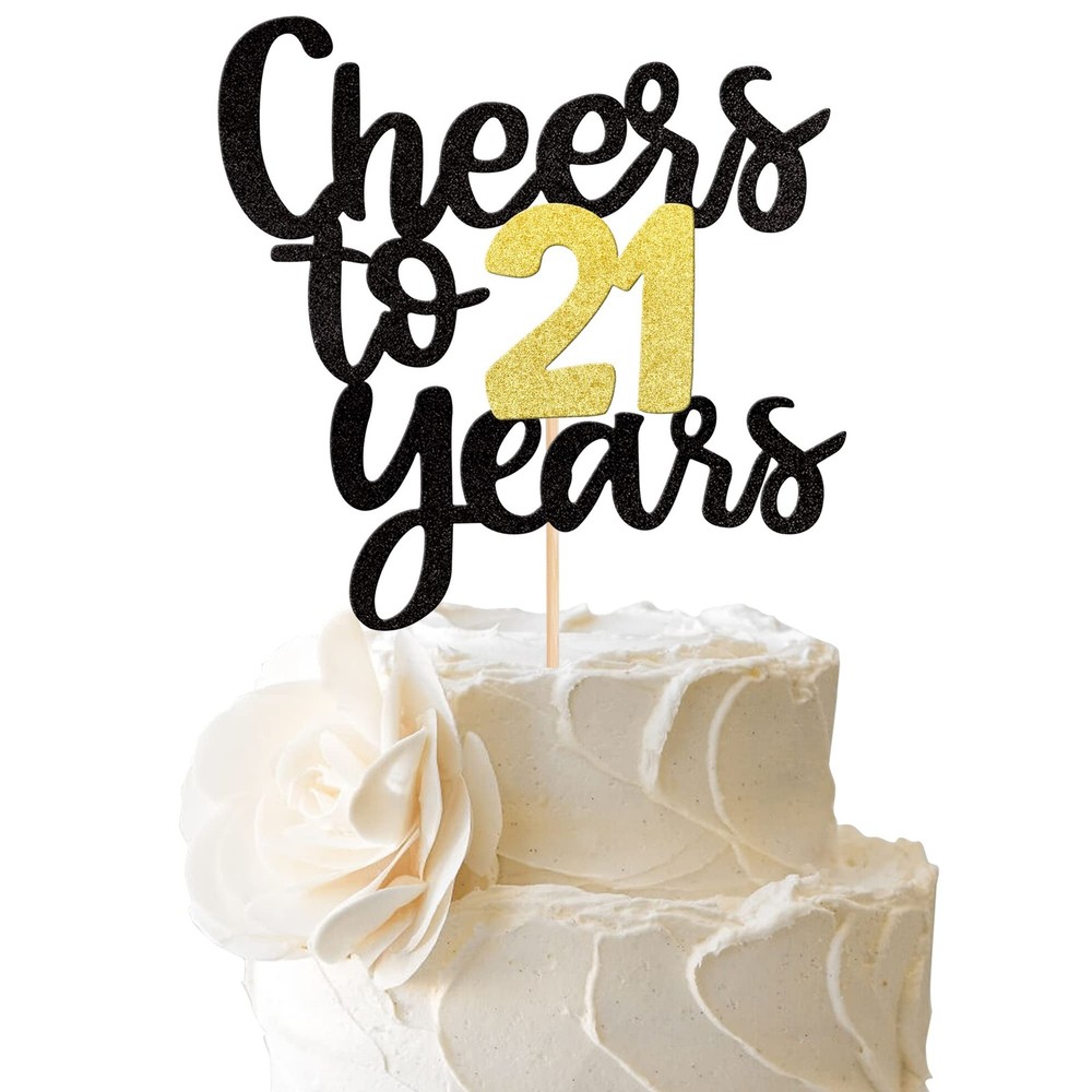 Cheers to 21 Years Cake Topper – Black and Gold Glitter Assembled Birthday Ca…