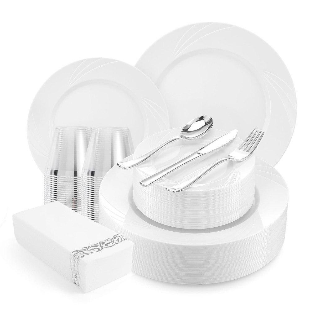 350-Piece White Swirls Plastic Dinnerware Set for 50 Guests, Elegant Disposab…