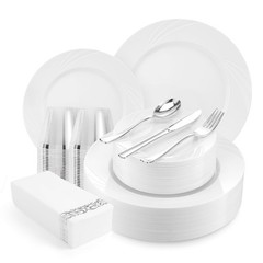 350-Piece White Swirls Plastic Dinnerware Set for 50 Guests, Elegant Disposab…