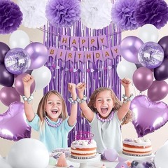 Purple Birthday Decorations Kit Balloons Banner Pompoms Garland Heart Decor New