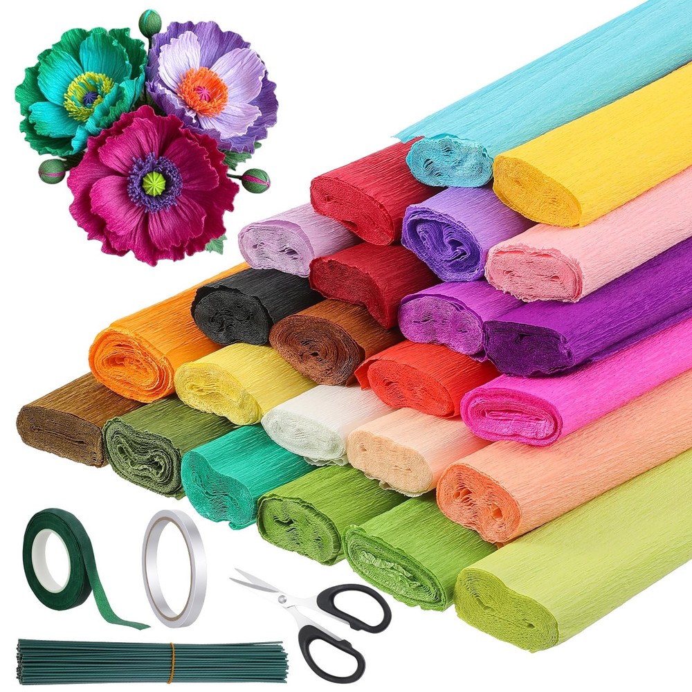 24 Colors Crepe Paper Rolls 10×98 Inch 100 PCS Green Floral Iron Wire Kit