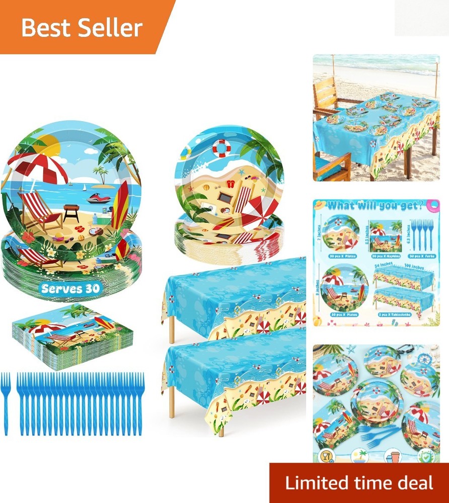 Complete 122PCS Summer Tableware Set: Tropical Plates, Forks & Tablecloth for 30