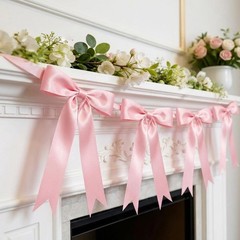 2 Strings Pink Bow Garland Banner Decorations, 16Pcs Pre-Strung Satin Ribbon