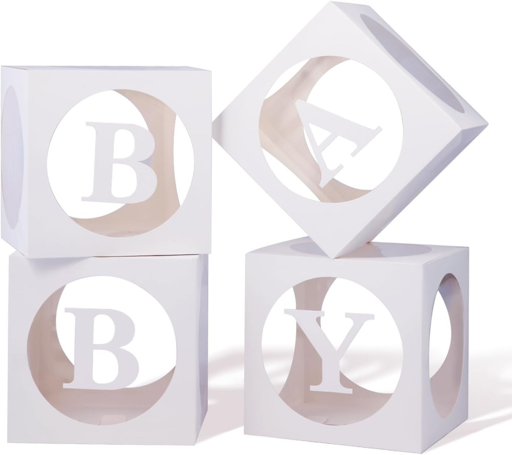 Baby Boxes with Letters for Baby Shower,Transparent Balloon Box 4 PCS Clear