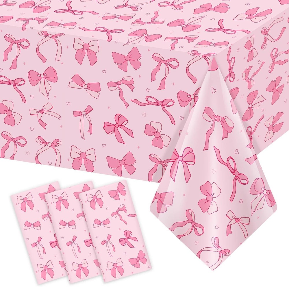 3 Pack Pink Birthday Bow Party Decorations Tablecloths, Large Size 54 X 108 Inch