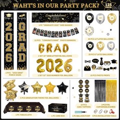 125 PCS Black & Gold Graduation Party Decorations 2026 – Banners, Balloons, Tabl