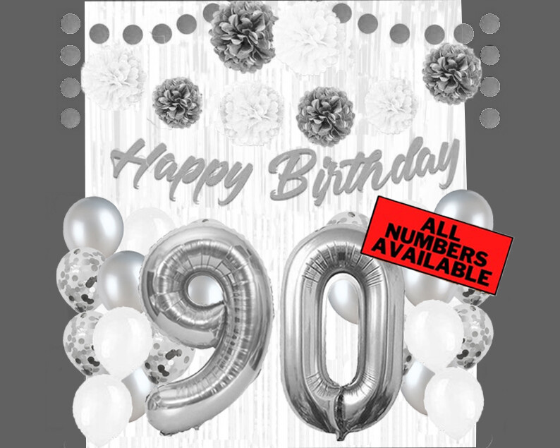 Silver & White 90th Birthday Decorations – 40″ Number Balloons &More-Boy or Girl