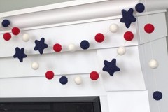 Fourth of July Garland- 6 ft String with 25 Adjustable Shapes, 1″ Felt Balls,…